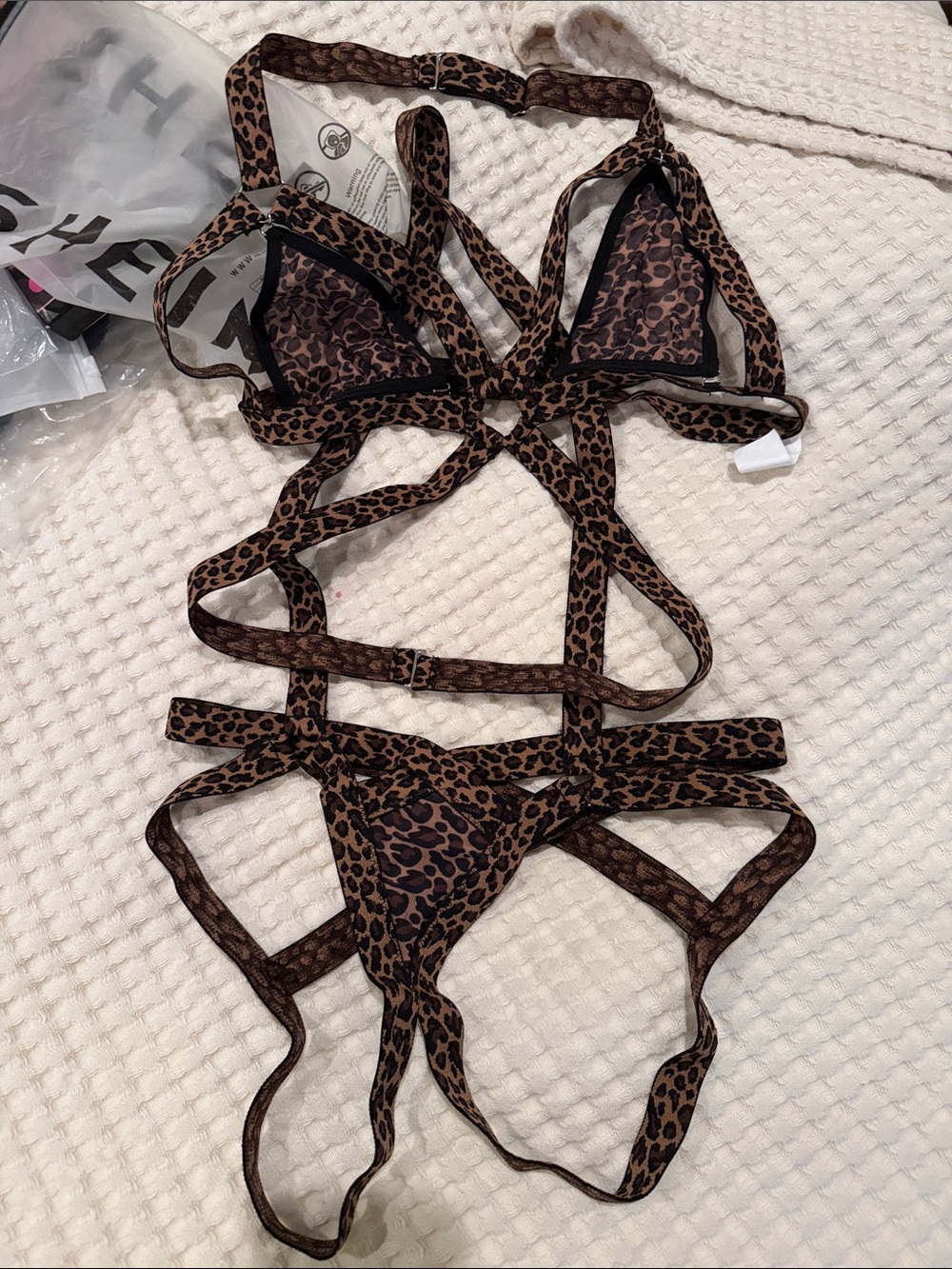 Leopard Print Strappy Triangle Bikini-Style Teddy in Brown